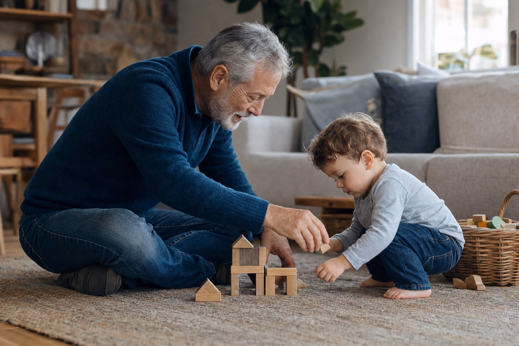 A grey-haired man kneels on a living-room rug beside a toddler, the two of them stacking wooden blocks