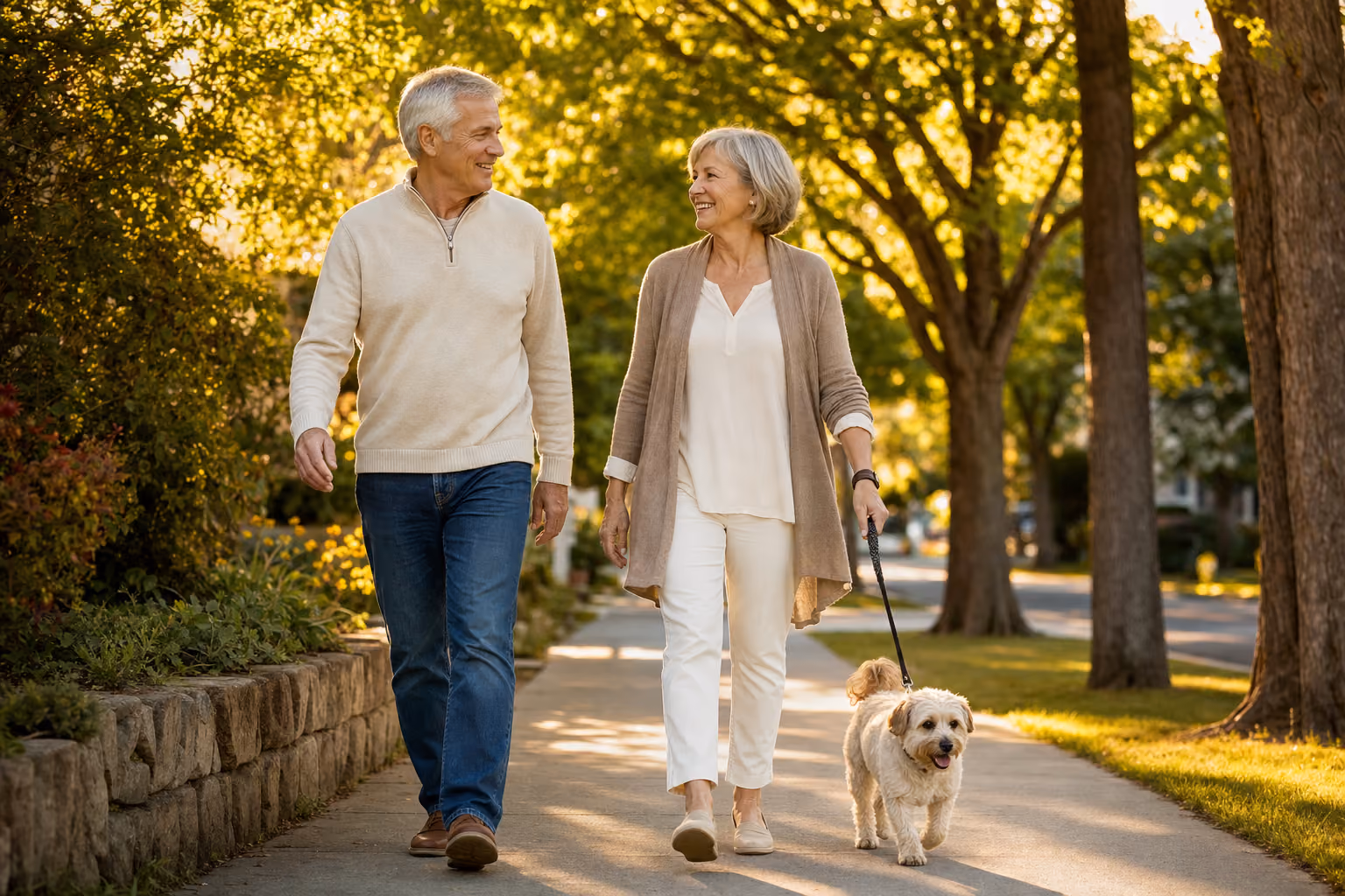 A couple in their sixties walks their dog along a sunlit tree-lined sidewalk