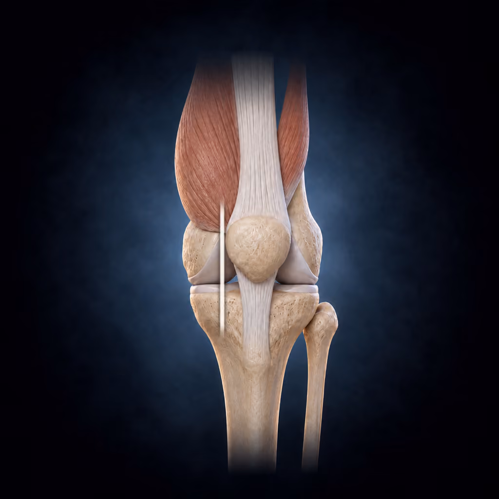Illustration of a knee with the inner thigh muscle and quadriceps tendon intact, and the vertical incision line just inside the kneecap