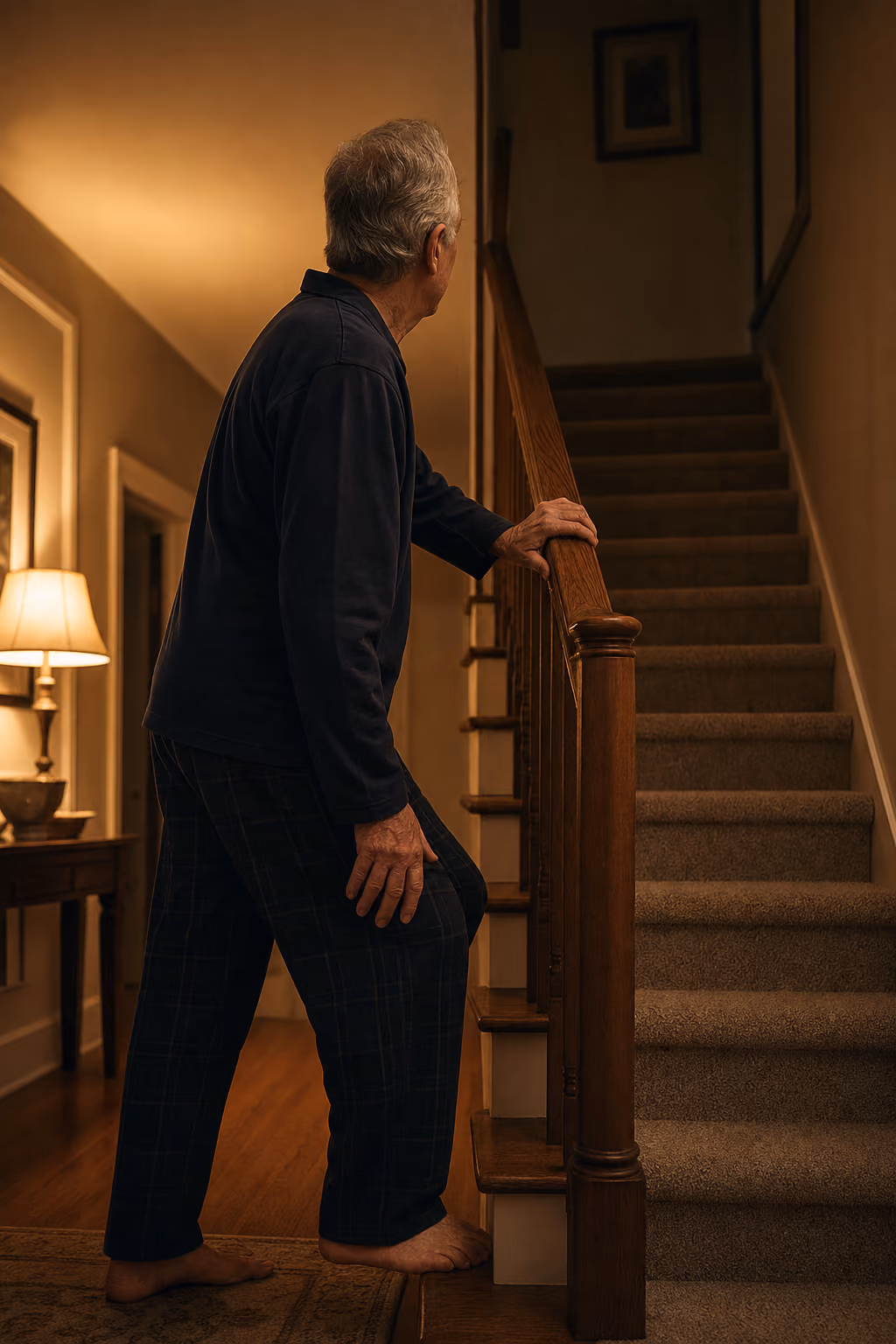 A man in nightclothes pauses at the bottom of the stairs at night, one hand on the banister and one on his knee